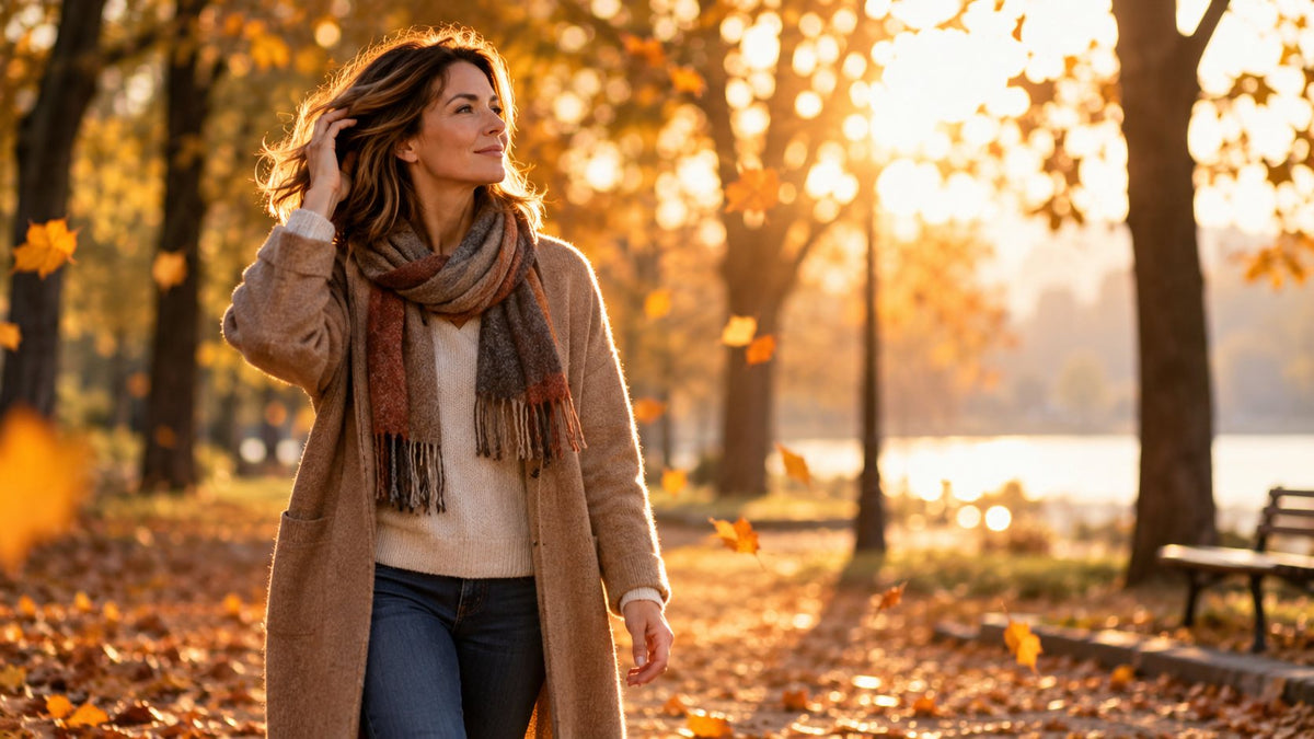 Frau mit Schal geht durch einen herbstlichen Park und streicht sich durchs Haar