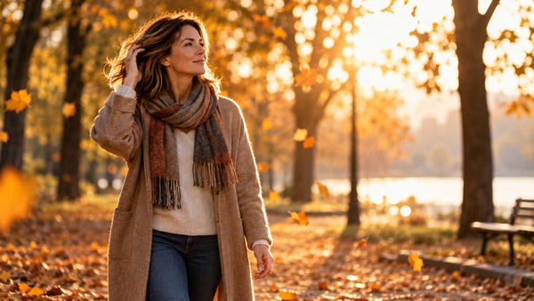 Frau mit Schal geht durch einen herbstlichen Park und streicht sich durchs Haar