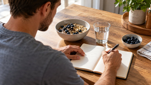 Mann schreibt beim Frühstück mit Haferflocken und Heidelbeeren in ein Notizbuch